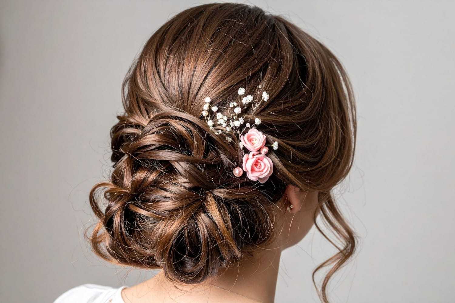 Elegant braided updo with pink roses and white accents.