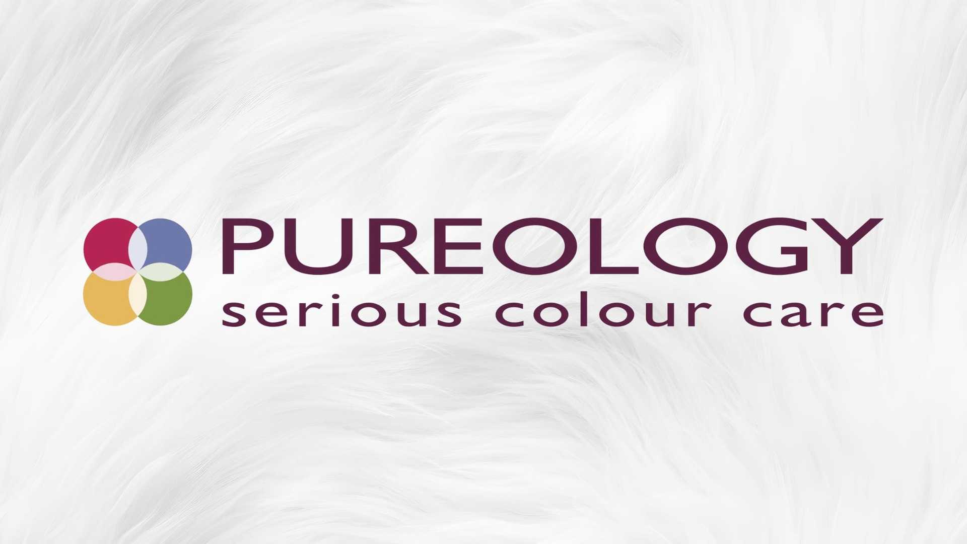 Pureology logo with "serious colour care" text on a textured white background.